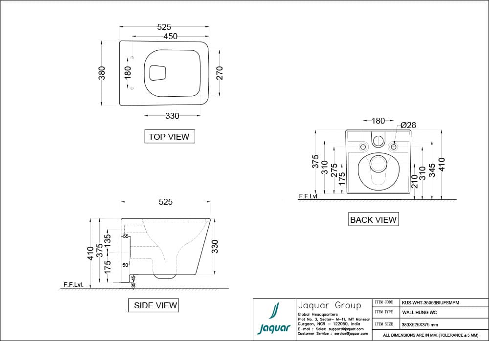Jaquar Kubix Prime Rimless Blind Installation Wall Hung WC, 380x525x375 mm, KUS-WHT-35953BIUFSMPM - View 2