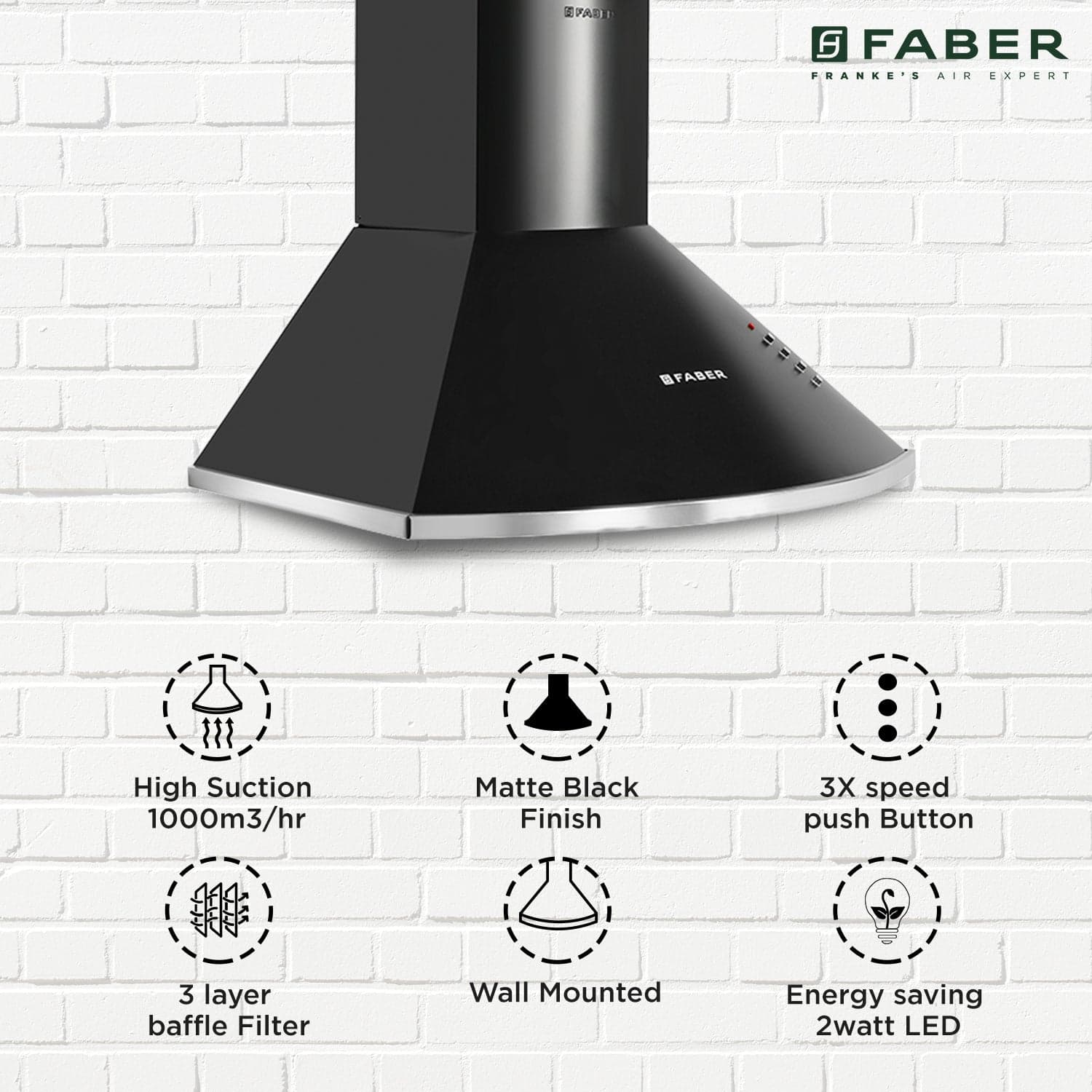 Faber Hood Class Pro 60cm Matte Black Wall Mounted Pyramid Chimney - View 5