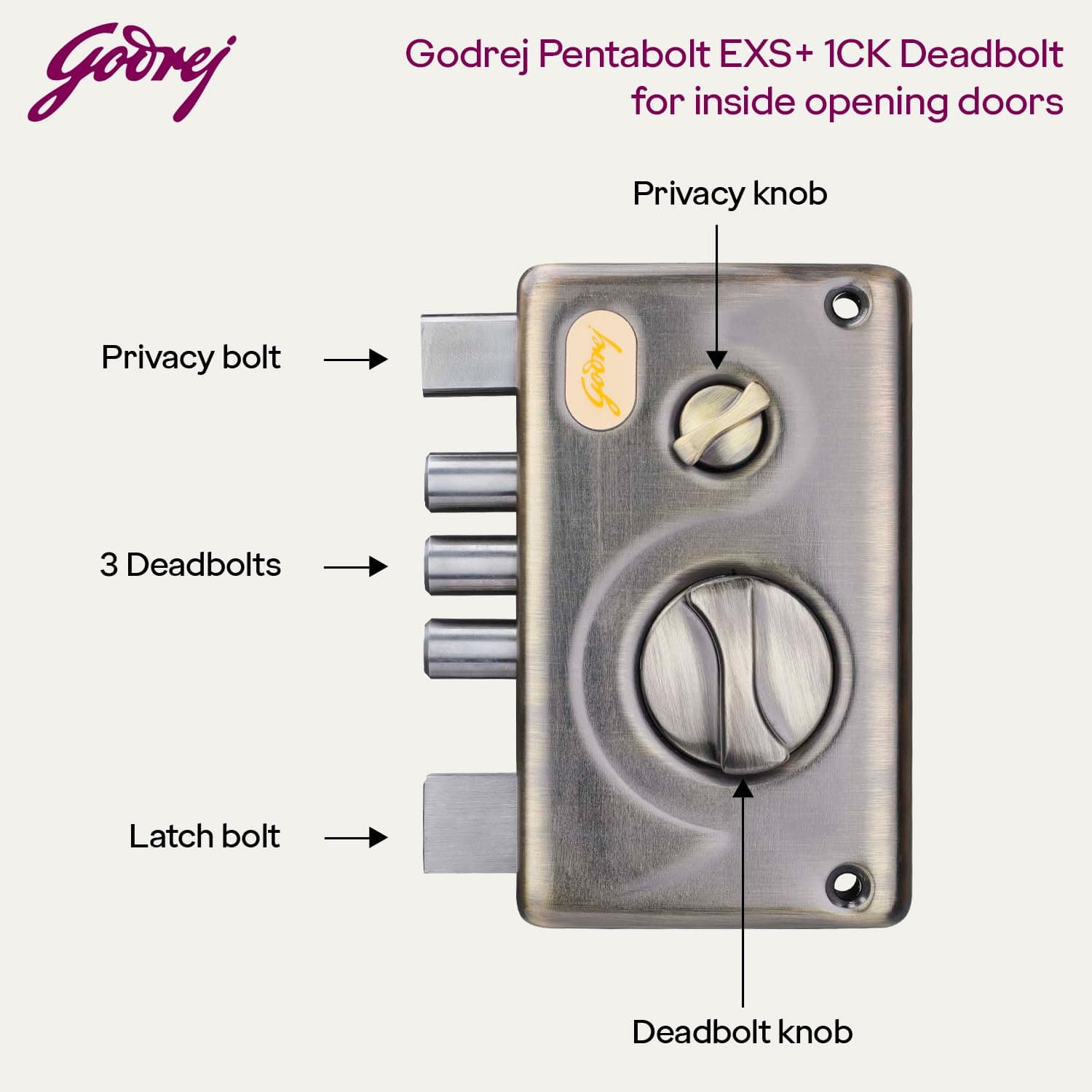 Godrej 3348 EXS+ Technology Pentabolt 1 CK Deadbolt Rim Lock - View 4