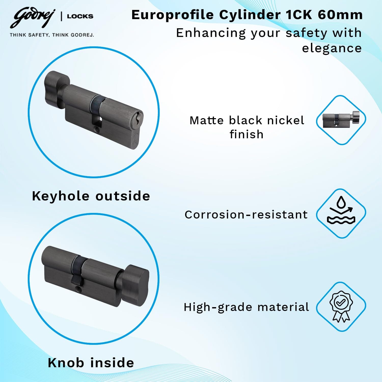 Godrej 3953 Matte Black Nickel Finish Cylinder-1CK 60mm - View 2