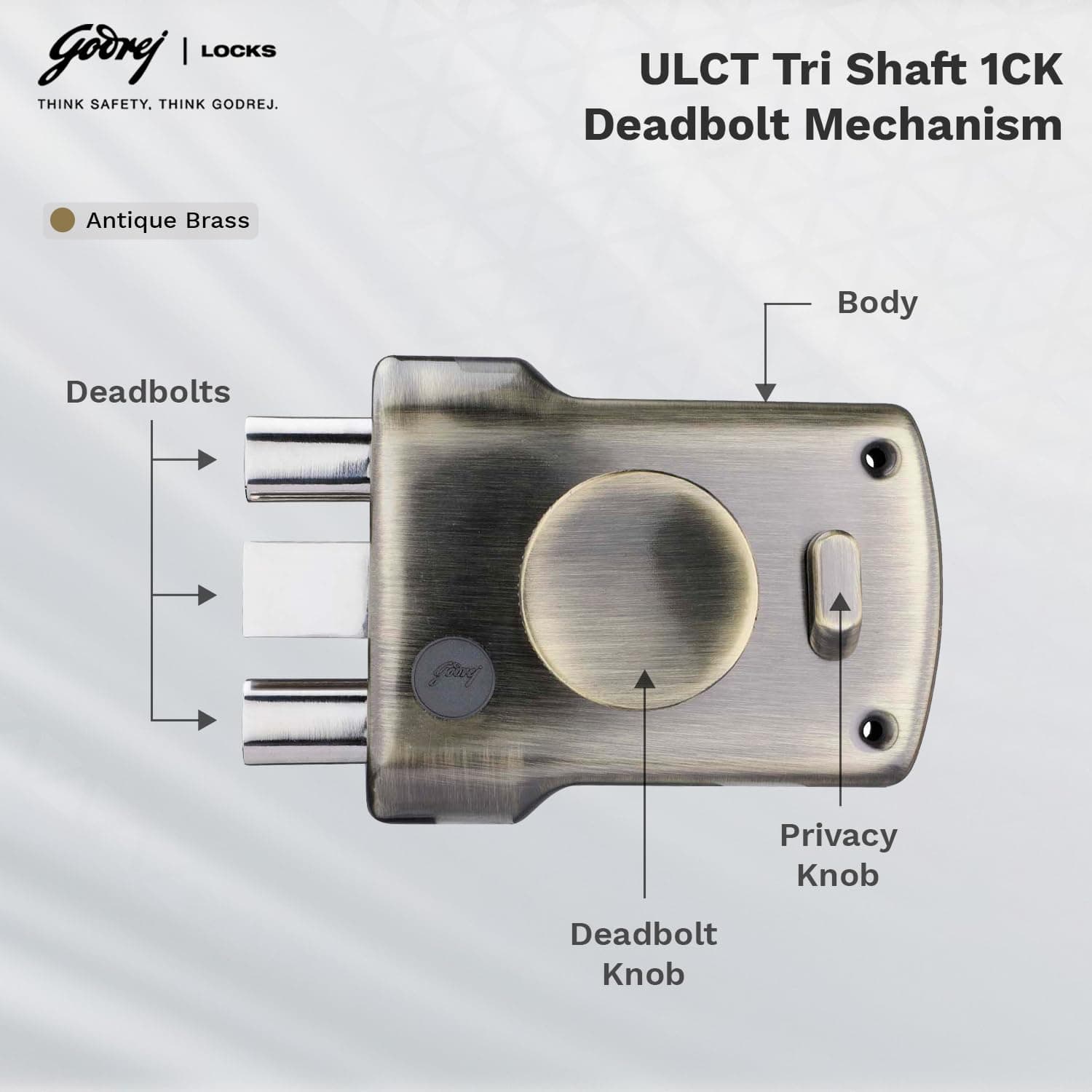 Godrej 5123 Antique Brass Finish ULCT Technology Tri Shaft 1CK Tribolt with Latch Rim lock - View 4