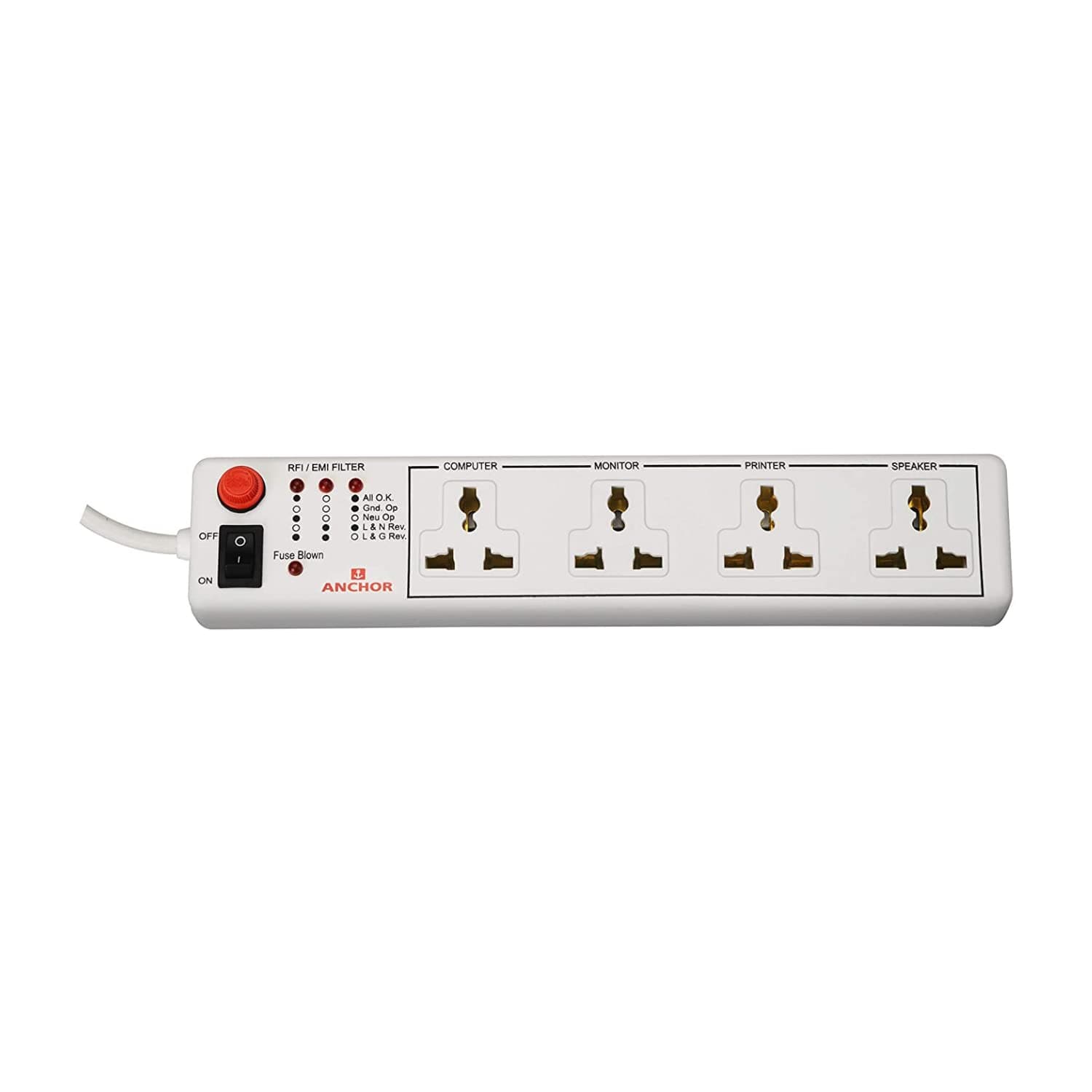 Anchor by Panasonic 6A 4 Universal Socket Shutter Extension Board with Single Switch & 4-Meter Extension Cord
