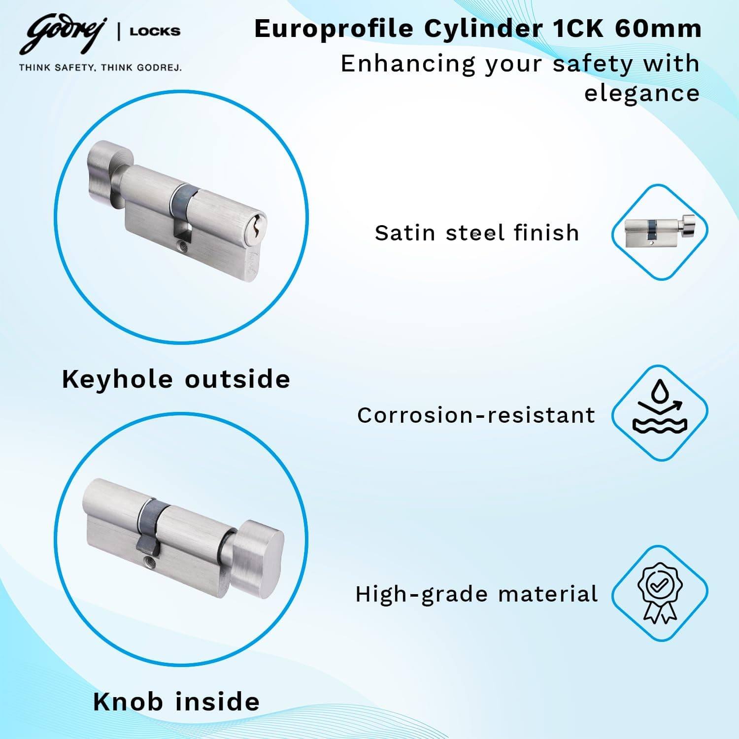 Godrej 5476 Satin Steel Finish Matte Cylinder-1CK 60mm - View 3
