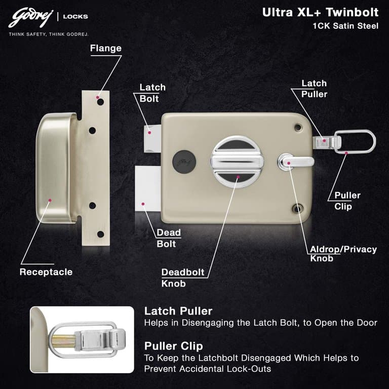Godrej 6084 Satin Nickel Finish Twinbolt Ultra XL+1CK Latch bolt Lock - View 5