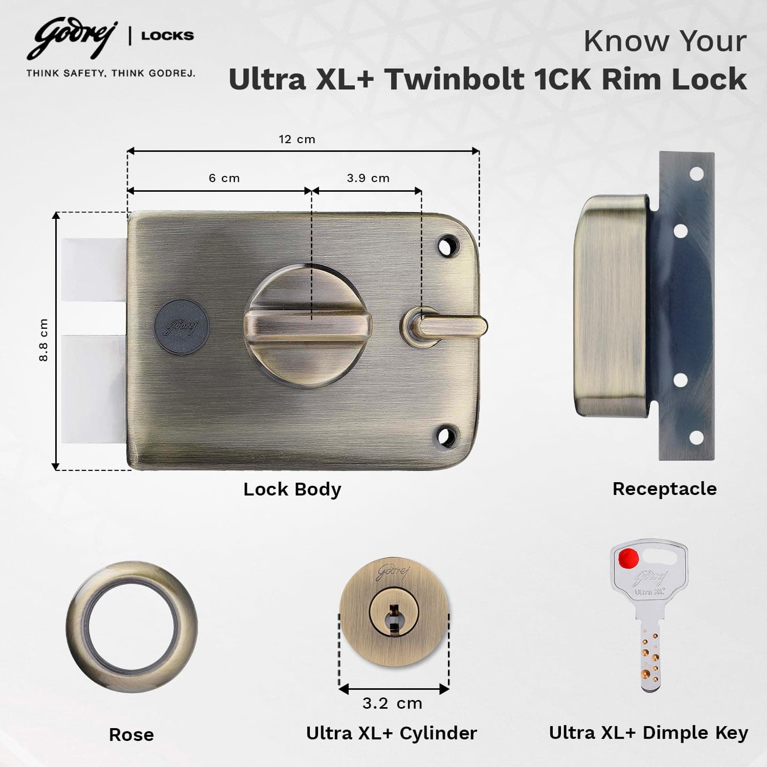 Godrej 6085 Antique Brass Finish Twinbolt Ultra XL+ 1CK Deadbolt lock - View 5
