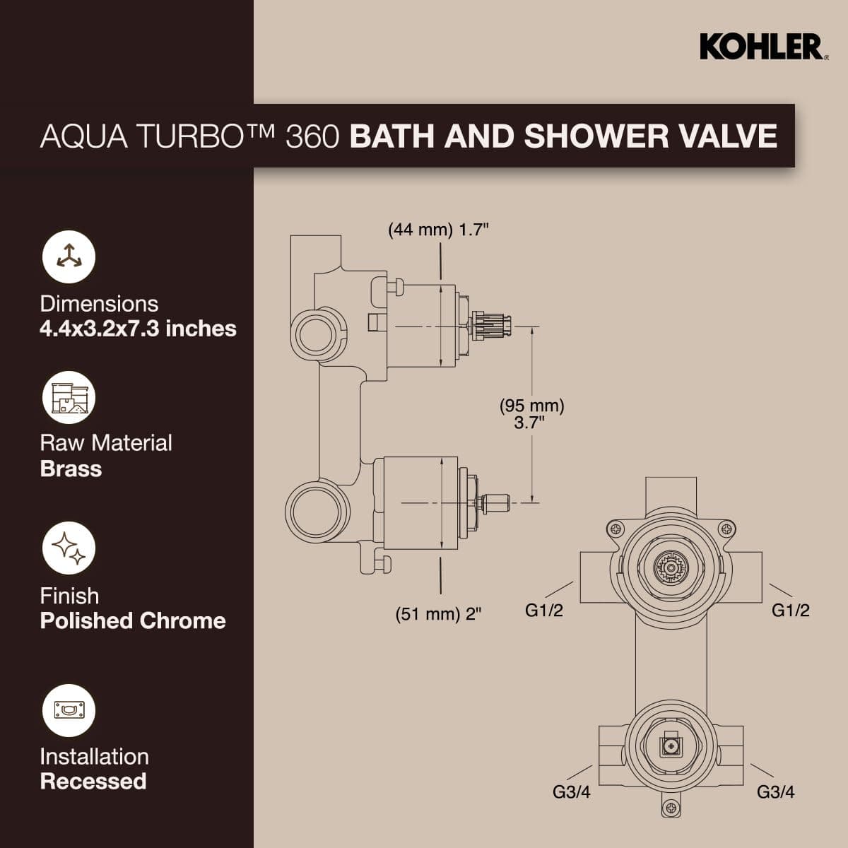 Kohler Aqua Turbo 360 Manual High Flow Valve, 99924IN-CP - View 3