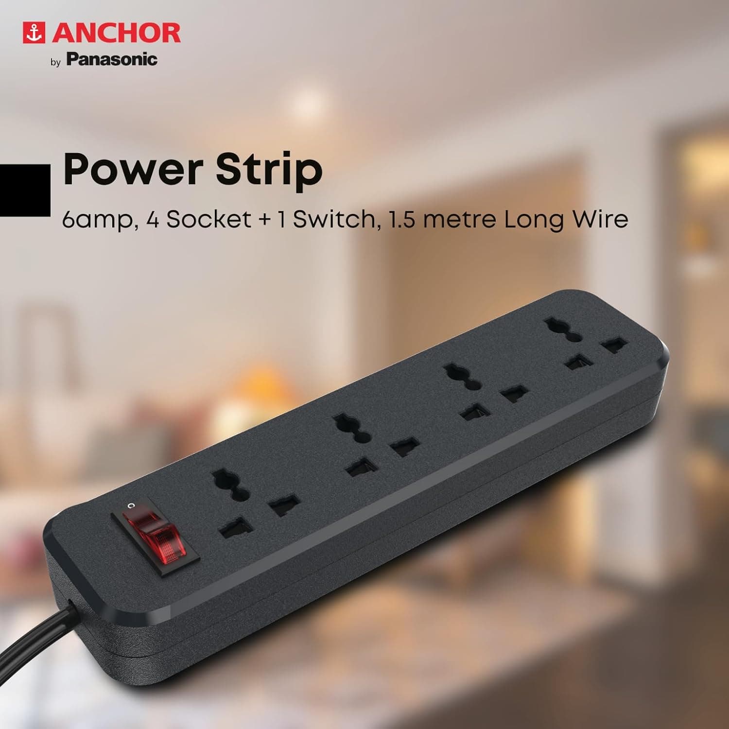 Anchor By Panasonic 6A Power Strip with 4 Universal Sockets with Master Switch & 1.5 Mtr Long Wire - View 3