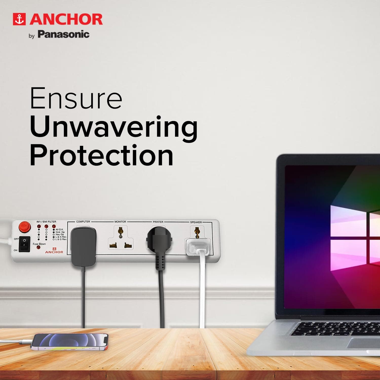 Anchor by Panasonic 6A 4 Universal Socket Shutter Extension Board with Single Switch & 4-Meter Extension Cord - View 2