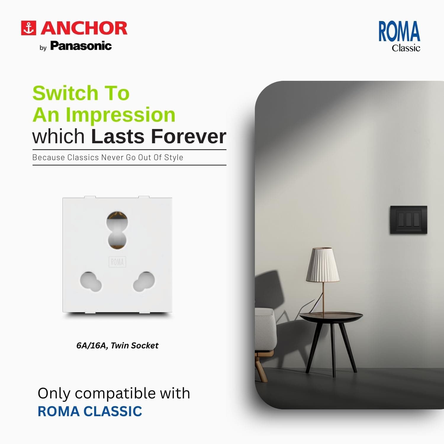 Anchor by Panasonic Roma Classic 6A/16A Twin Socket, White - View 3