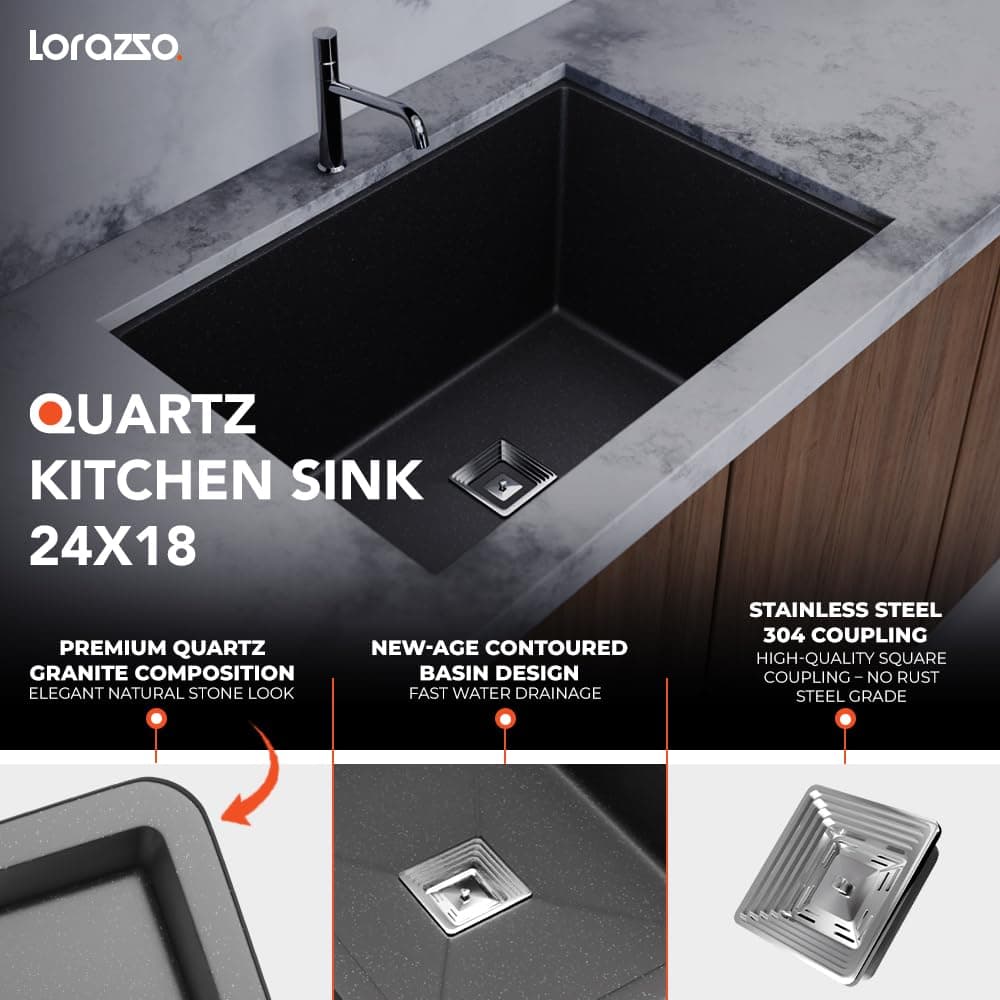 Lorazzo Quartz Sink 24×18 - Midnight Black - View 2