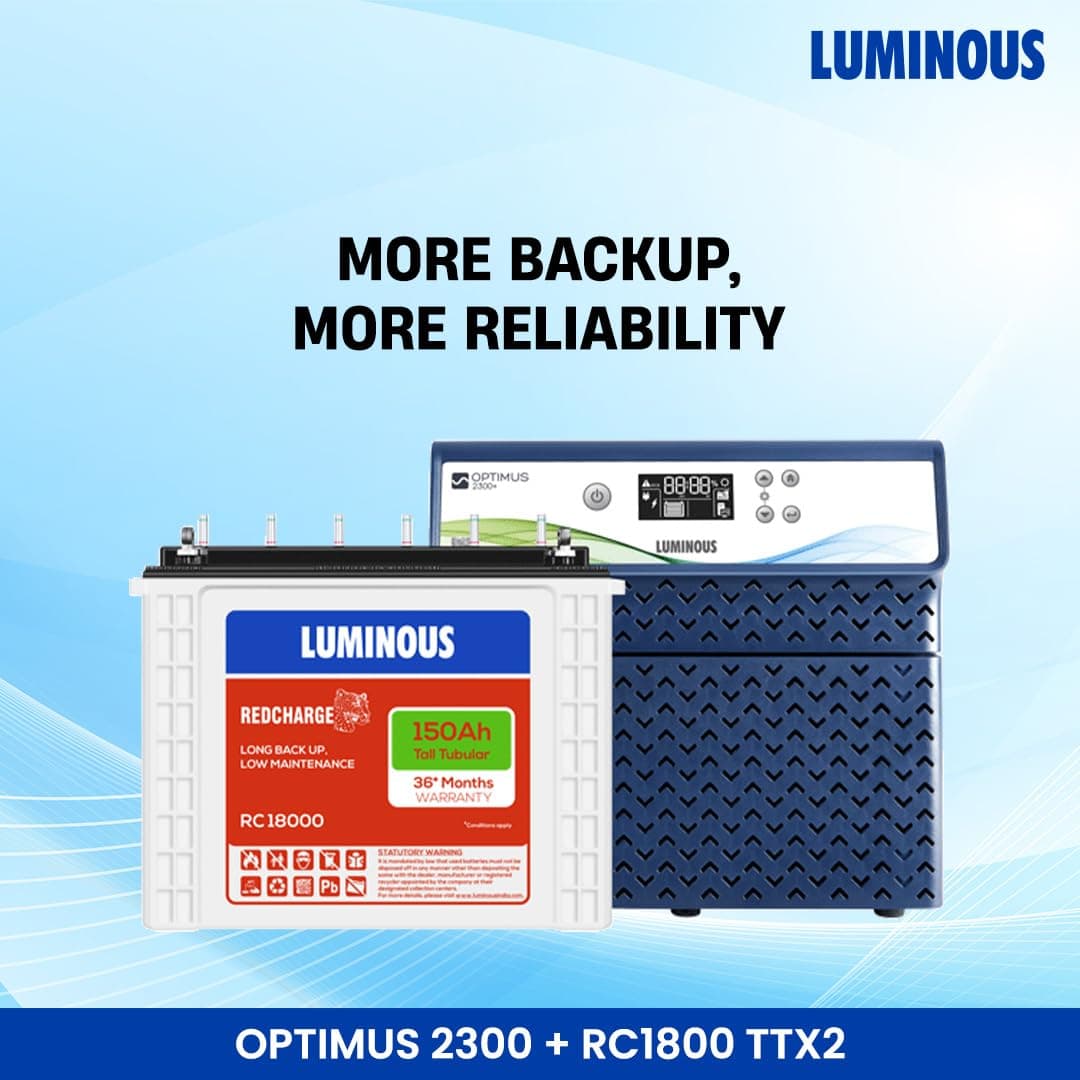Luminous Optimus 2300+ Pure Sine Wave Inveter with Two RC18000 Tall Tubular Battery Combo - View 4