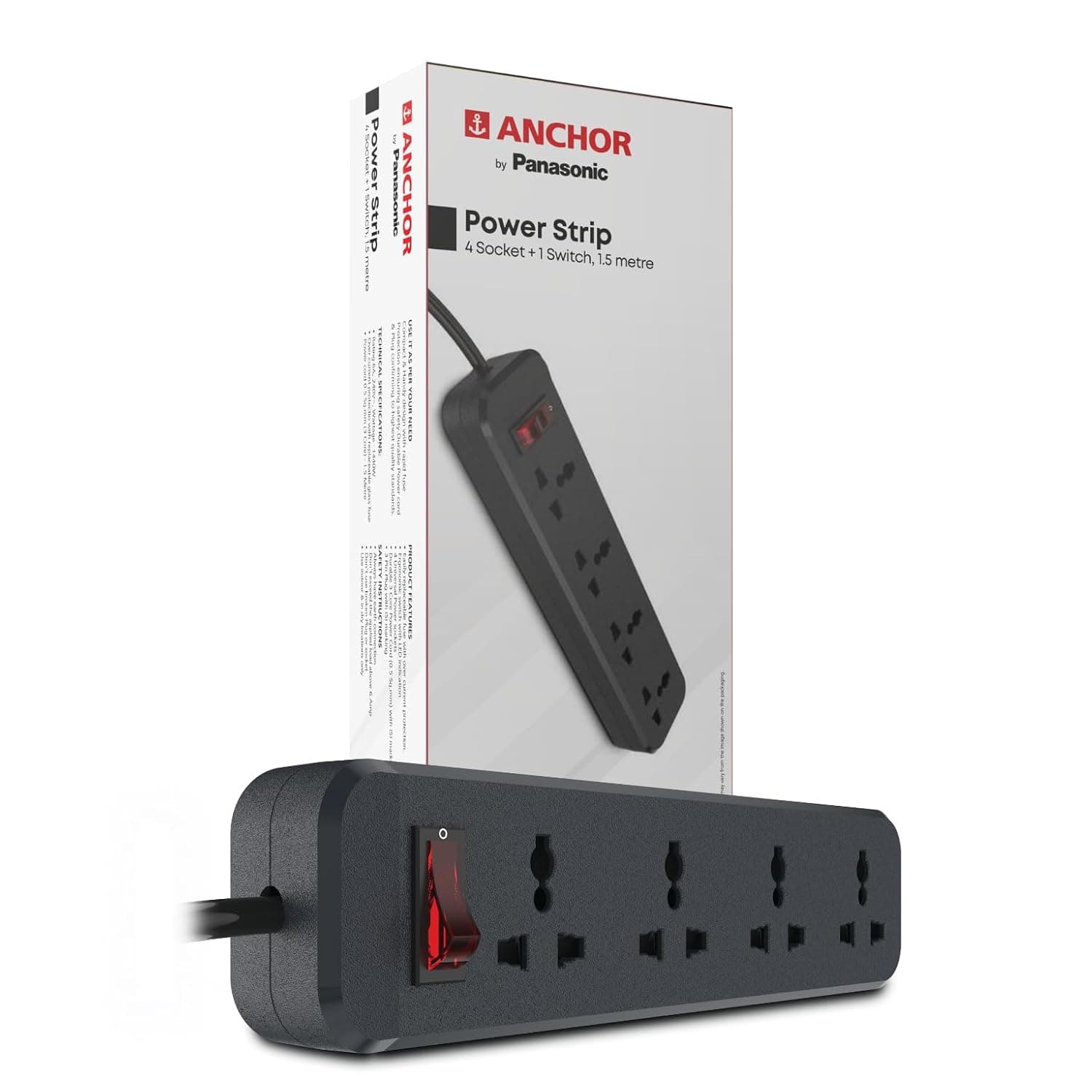 Anchor By Panasonic 6A Power Strip with 4 Universal Sockets with Master Switch & 1.5 Mtr Long Wire
