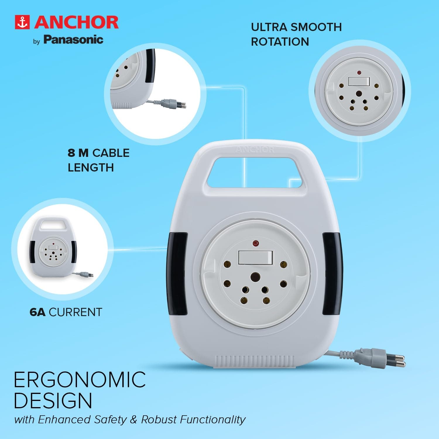 Anchor by Panasonic Cherry Flexicord 6A 2 Pin 8 Mtr Extension Cord with Indicator & Handle - View 4