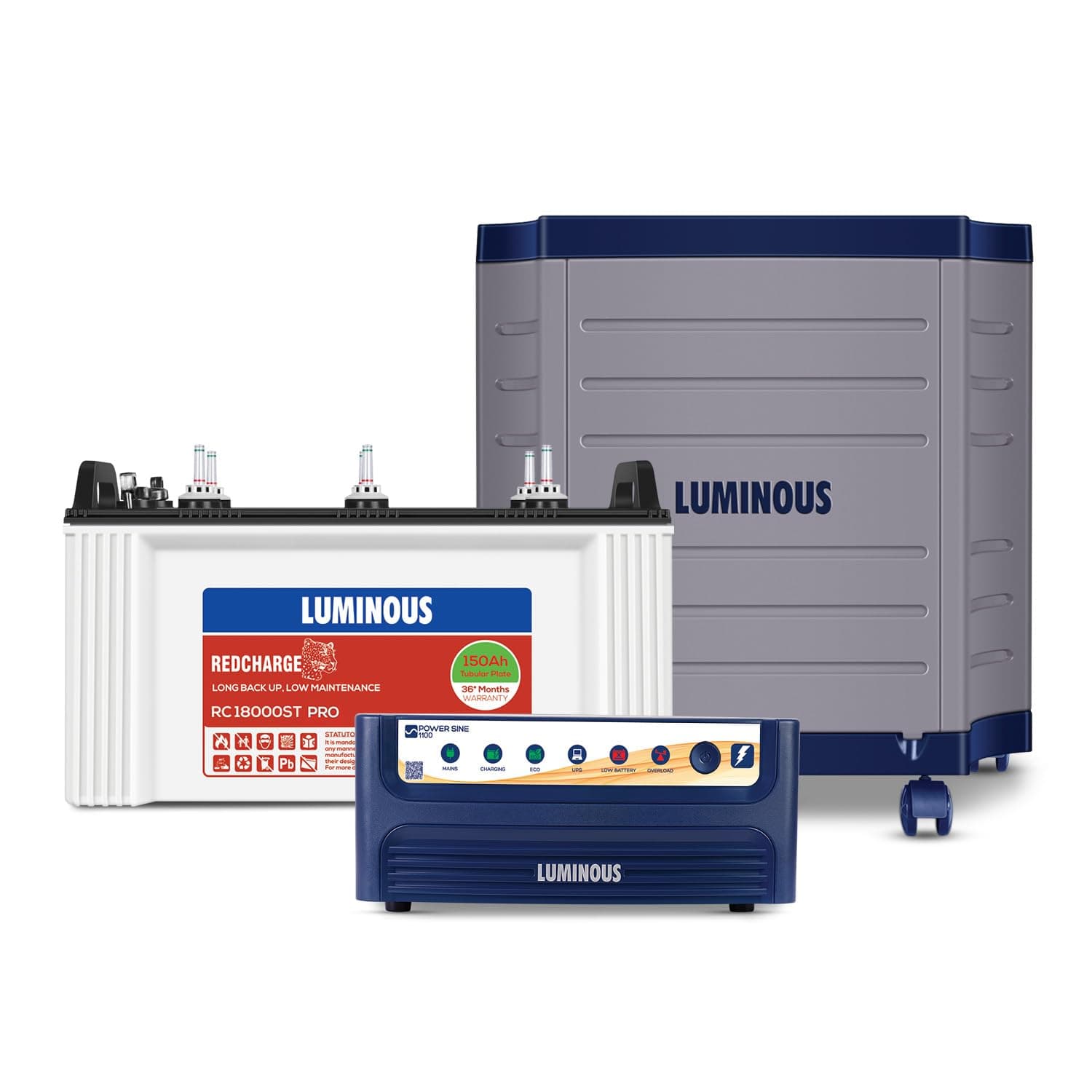 Luminous Power Sine 1100 (900VA/12V) Pure Sine Wave Inverter with RC18000ST Pro 150Ah Short Tubular Battery Combo with Trolley