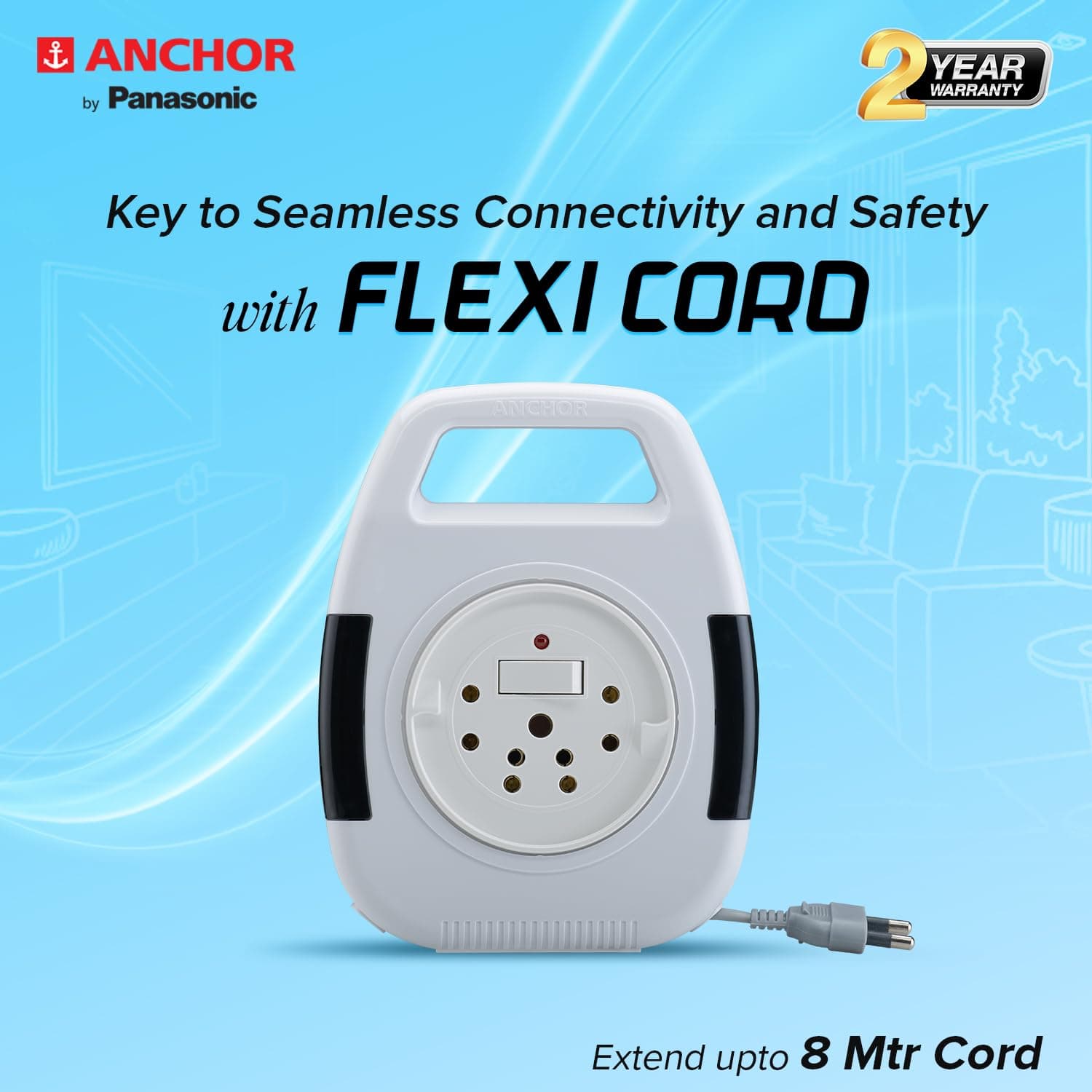 Anchor by Panasonic Cherry Flexicord 6A 2 Pin 8 Mtr Extension Cord with Indicator & Handle - View 5