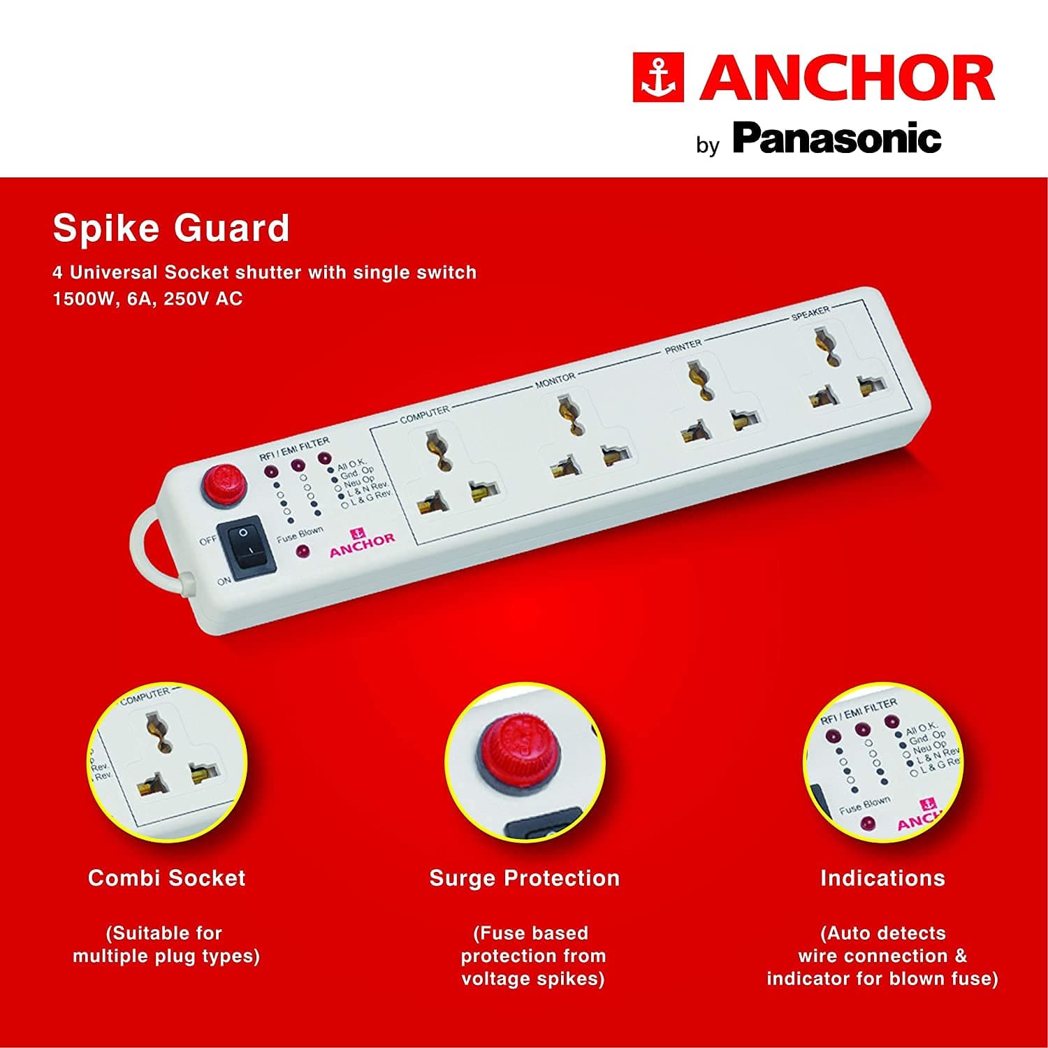 Anchor by Panasonic 6A 4 Universal Socket Shutter Extension Board with Single Switch & 4-Meter Extension Cord - View 4