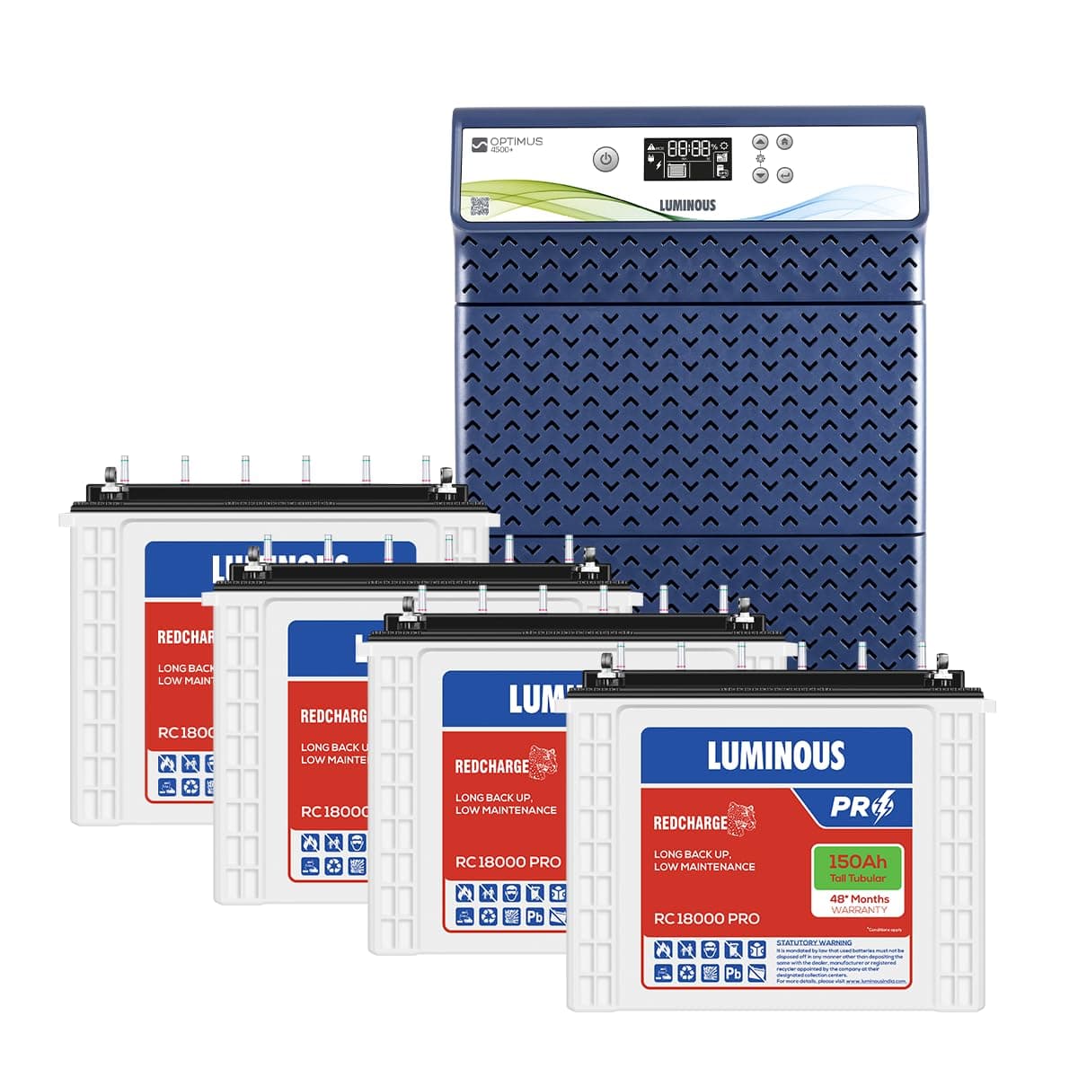 Luminous Optimus 4500+ Pure Sine Wave Inveter with Four RC18000 Pro 150 Ah Tubular Inverter Battery Combo