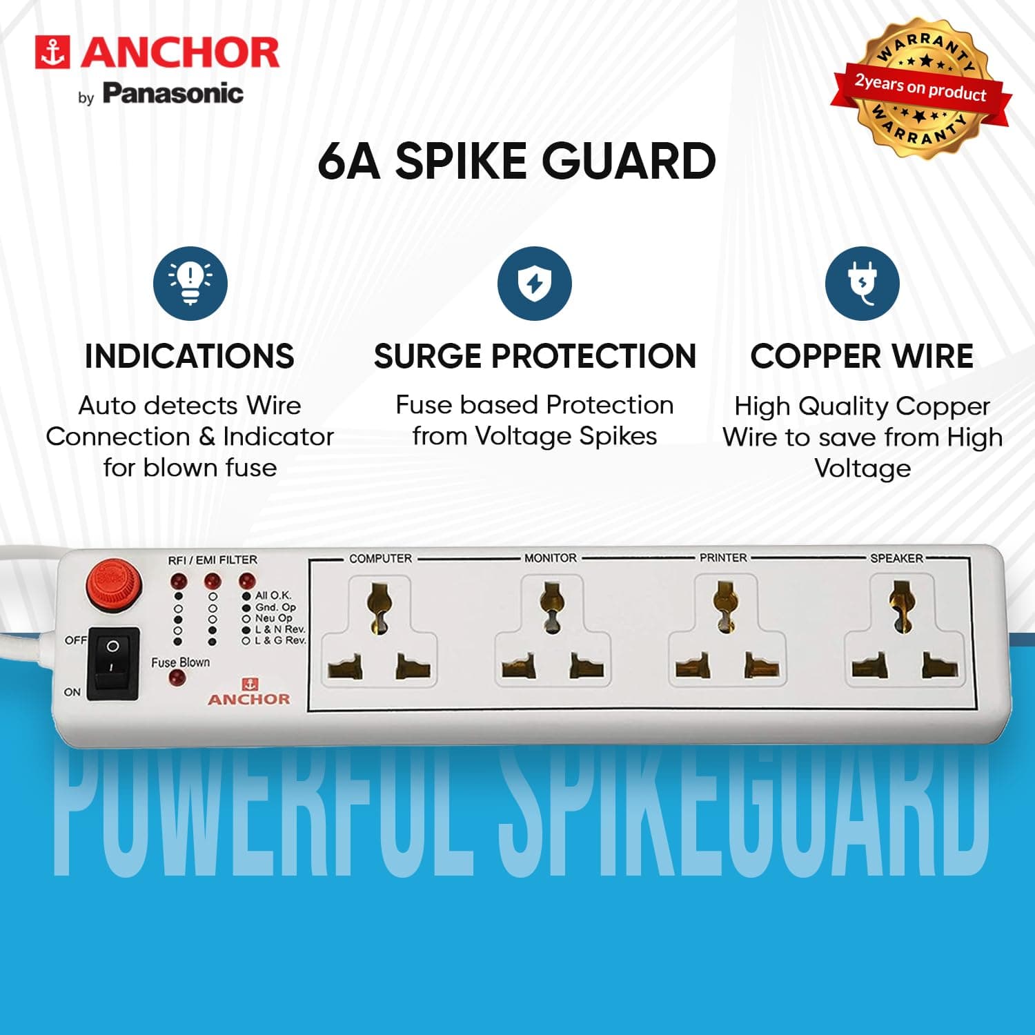 Anchor by Panasonic 6A 4 Universal Socket Shutter Extension Board with Single Switch & 4-Meter Extension Cord - View 3