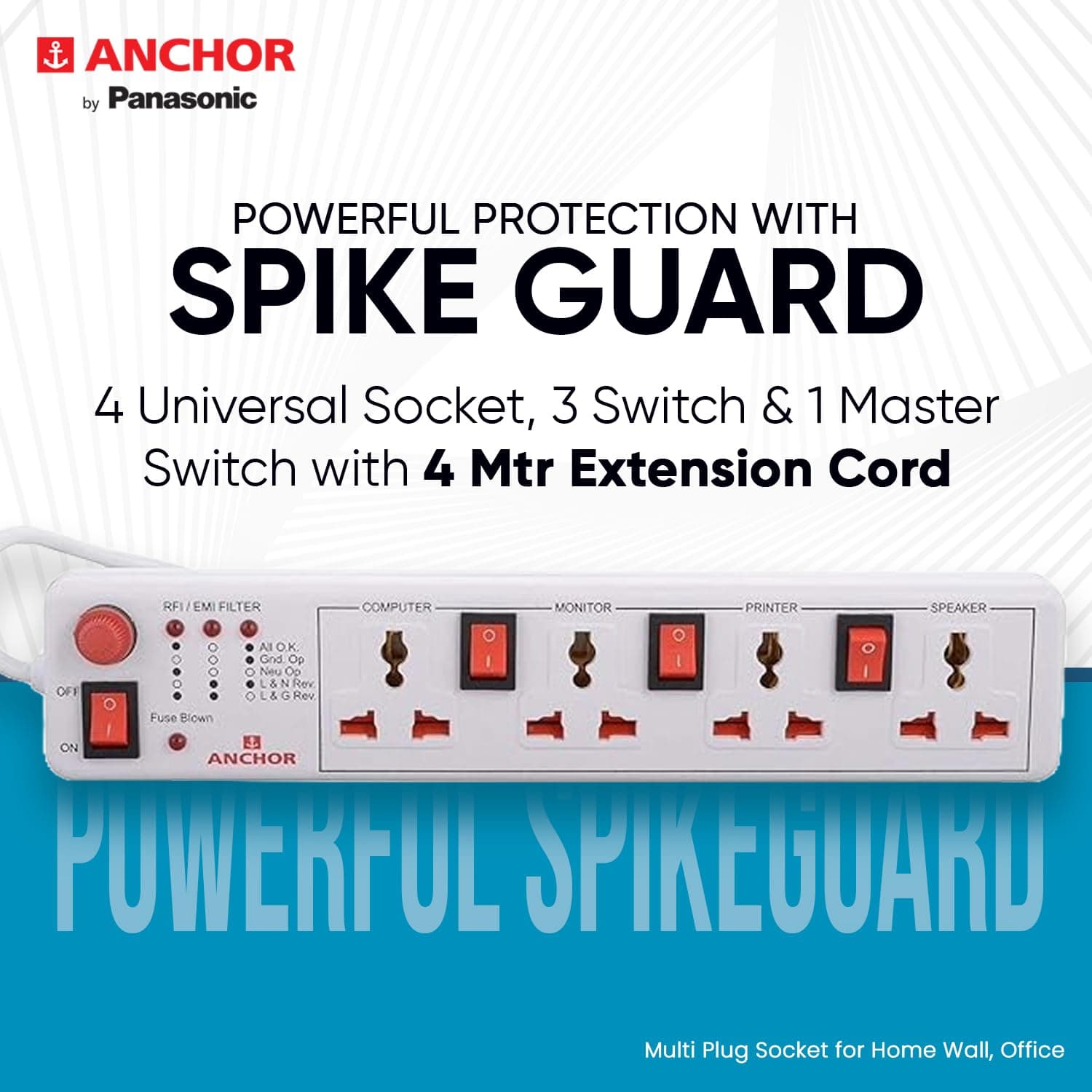 Anchor by Panasonic 6A 4 Universal Socket Shutter Extension Board with Individual Switch & 4-Meter Extension Cord - View 5