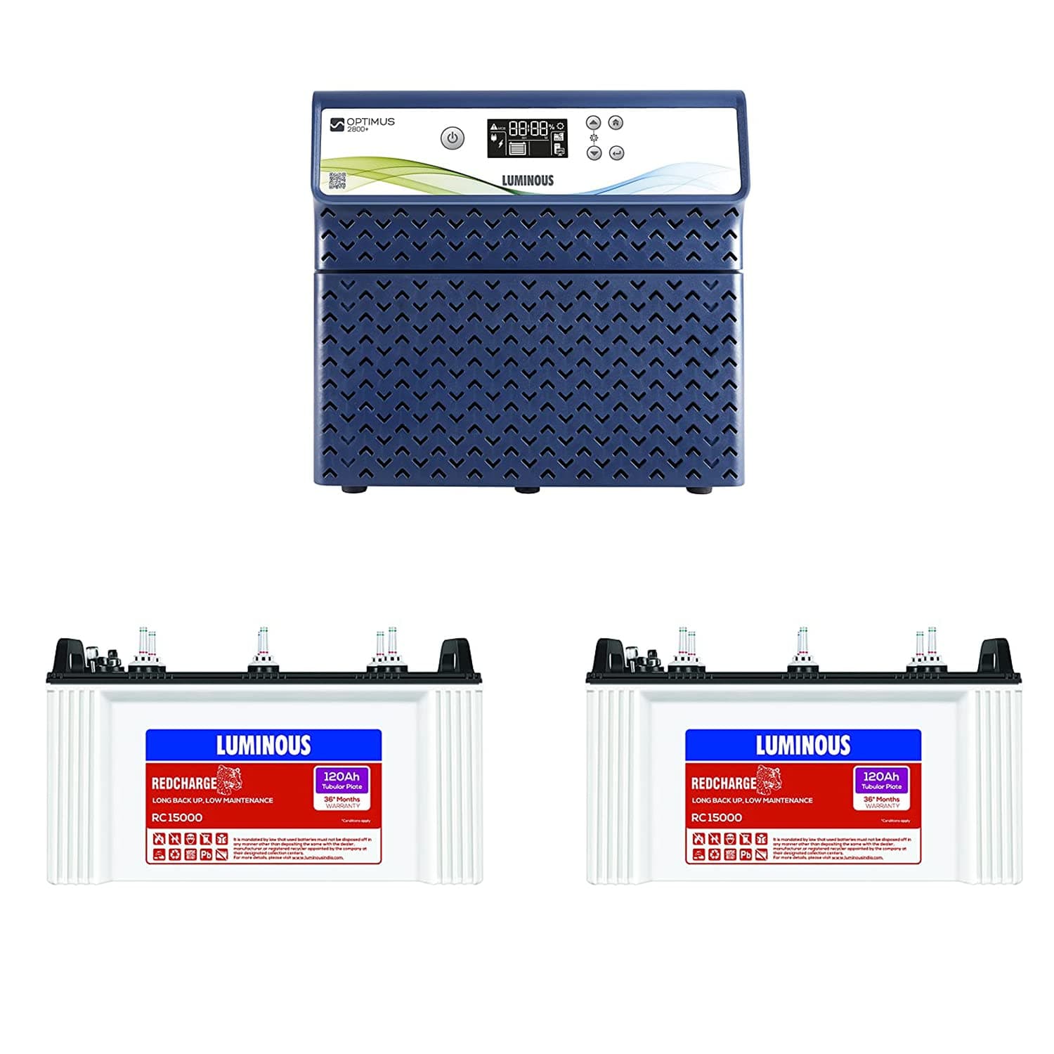 Luminous Optimus 2800+ Pure Sine Wave Inverter with Two RC15000 Tall Tubular Battery Combo