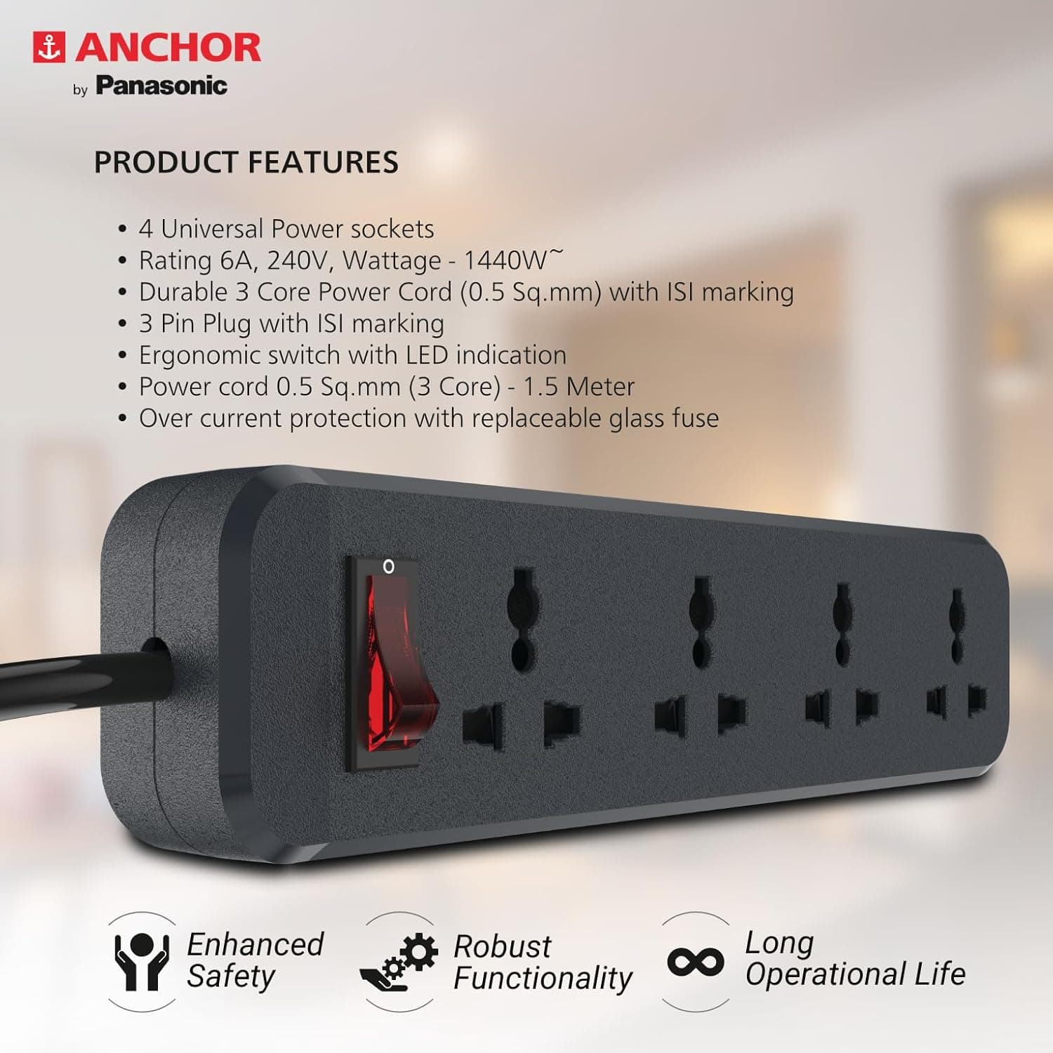 Anchor By Panasonic 6A Power Strip with 4 Universal Sockets with Master Switch & 1.5 Mtr Long Wire - View 4