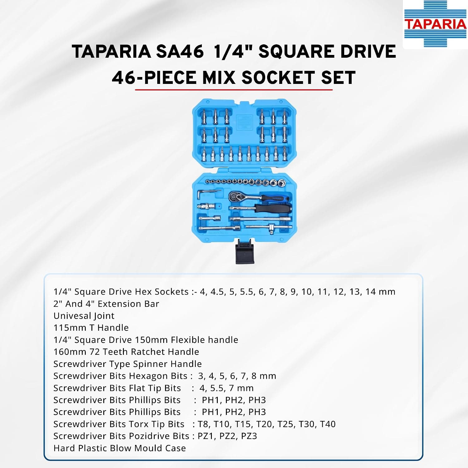 Taparia 46pcs 1/4inch Drive Socket Set in Blow Moulding Box, SA46 - View 5