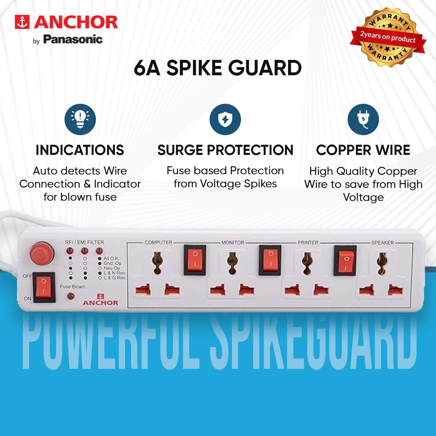 Anchor by Panasonic 6A 4 Universal Socket Shutter Extension Board with Individual Switch & 4-Meter Extension Cord - View 3