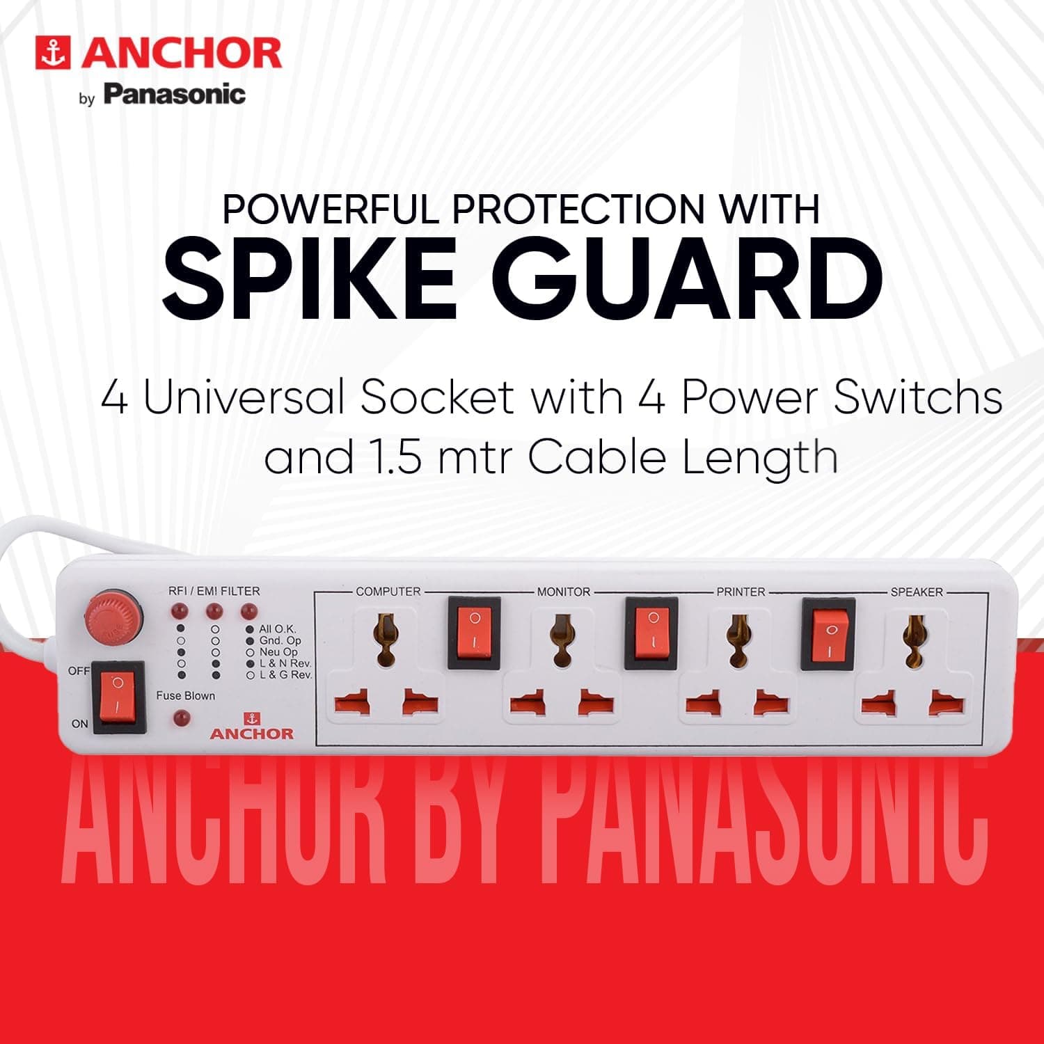 Anchor by Panasonic 6A 4 Universal Socket Shutter Extension Board with Individual Switch & 1.5Meter Extension Cord - View 5