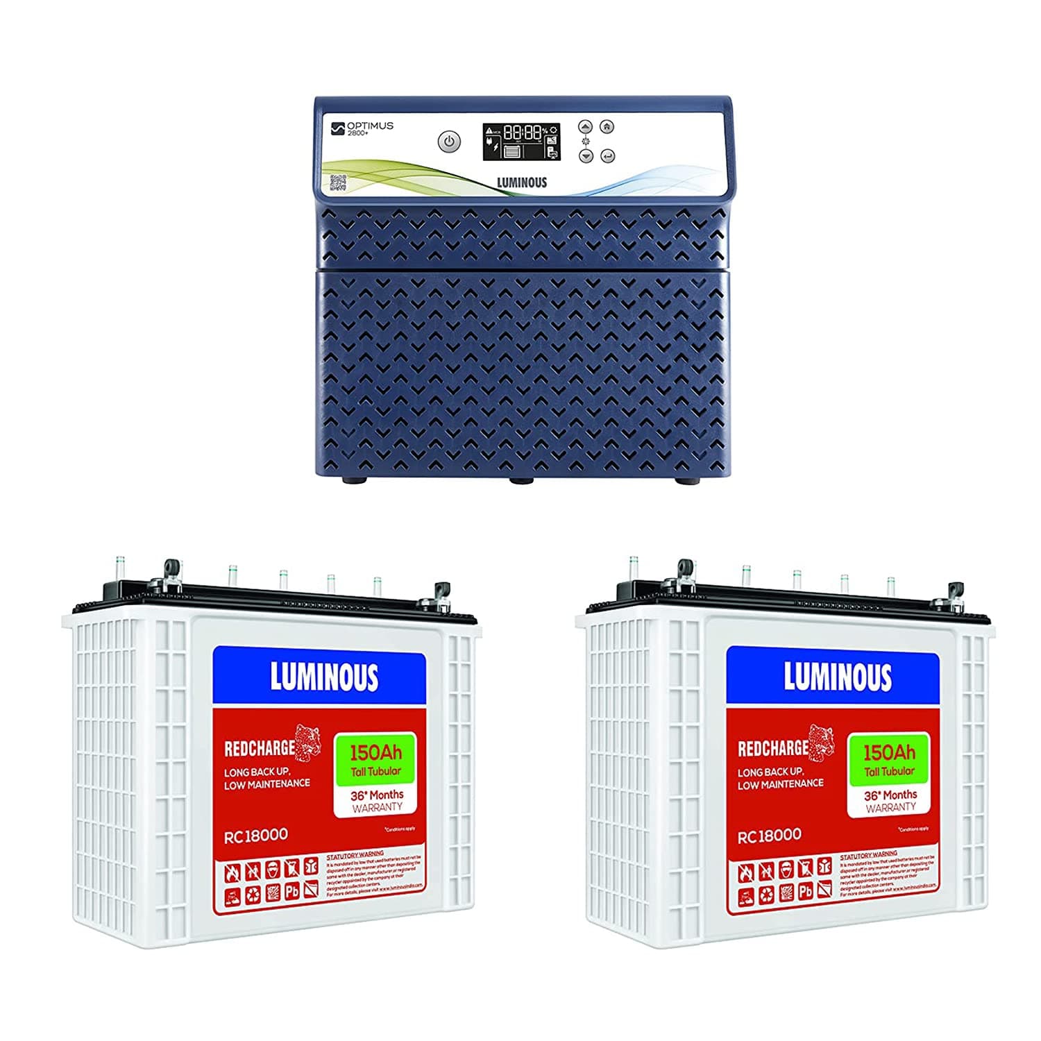 Luminous Optimus 2800+ Pure Sine Wave Inveter with Two RC18000 Tall Tubular Battery Combo
