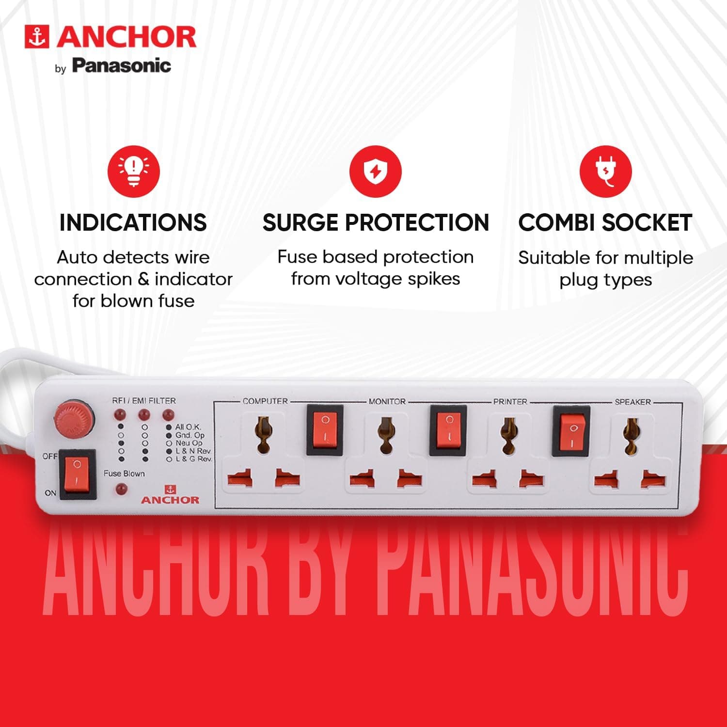 Anchor by Panasonic 6A 4 Universal Socket Shutter Extension Board with Individual Switch & 1.5Meter Extension Cord - View 3