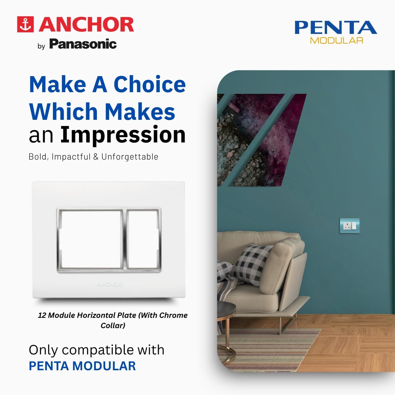 Anchor by Panasonic Penta 12M Horizontal Cover Plate with Chrome Collar - View 2