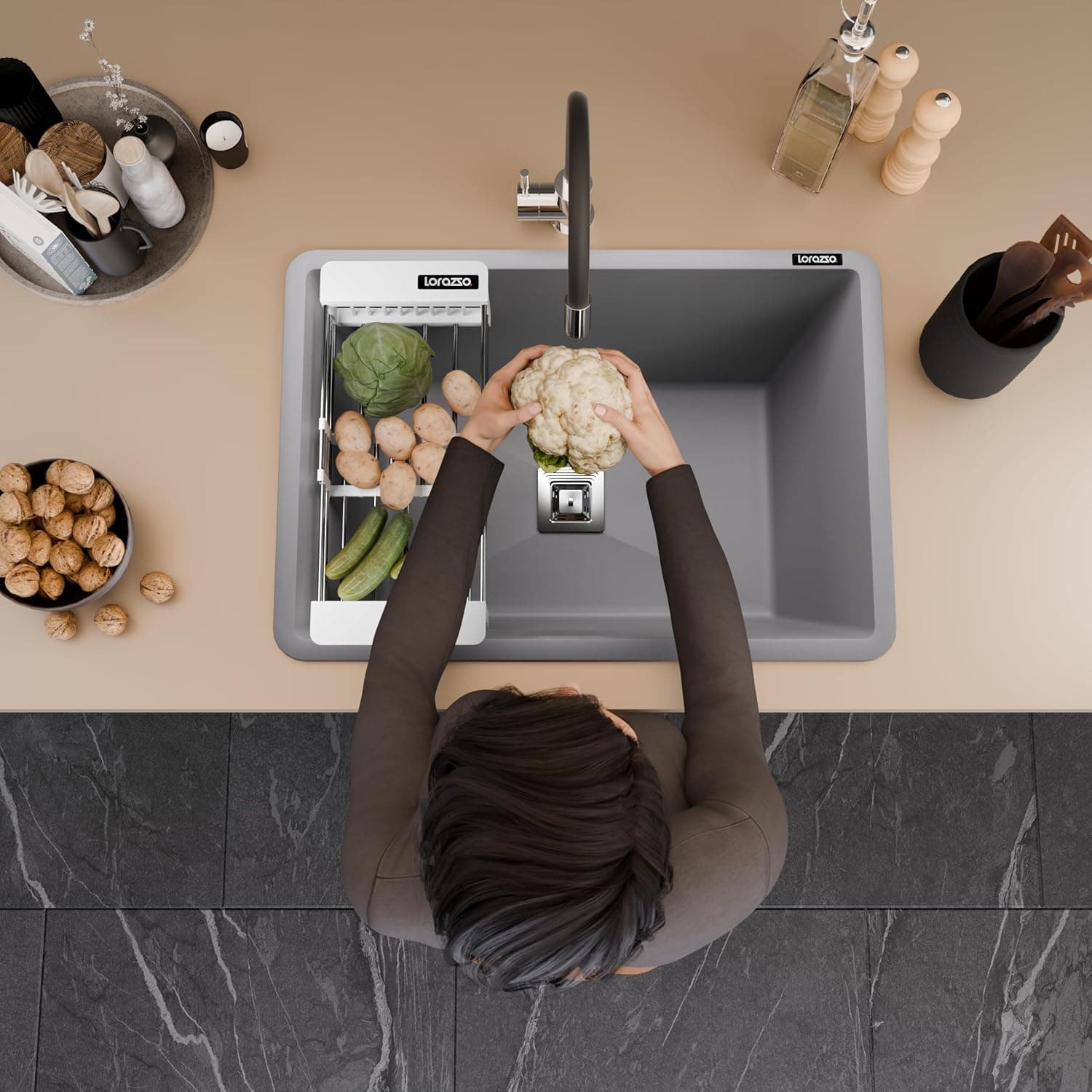 Lorazzo Quartz Sink 24×18 - Titan Grey - View 2