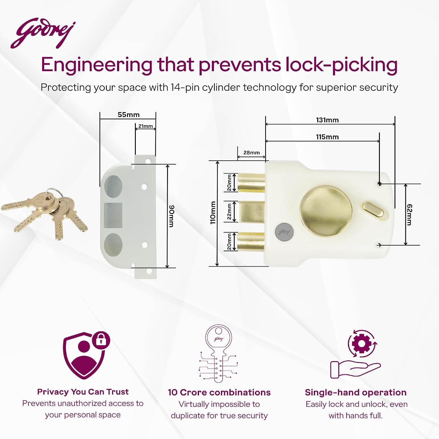 Godrej 5305 Tri Shaft 1CK with Latch Rim lock - View 4