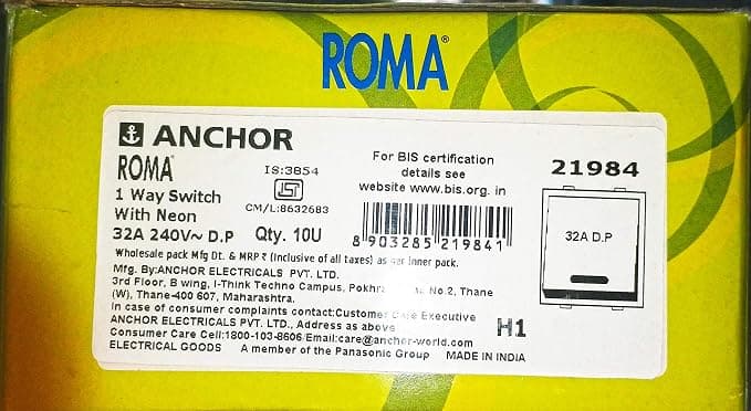 Anchor by Panasonic Anchor ROMA 32A DP 1 Way Socket with Neon - View 3