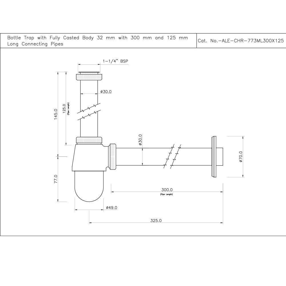 Essco by Jaquar Bottle Trap with 300mm & 125mm Long Wall Connection Pipes, ALE-CHR-773ML300X125 - View 2