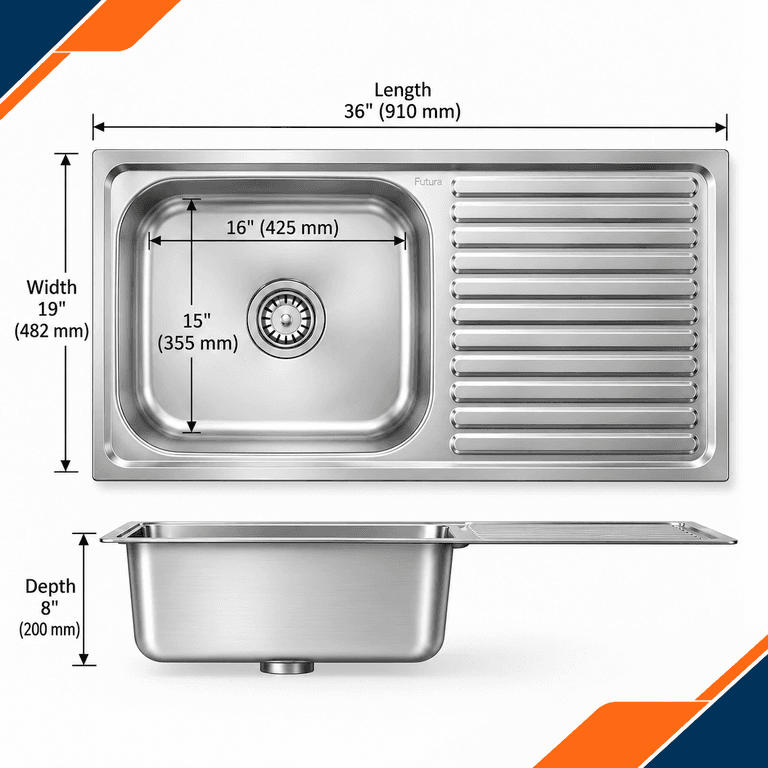 Futura Dura Single Bowl with Drain Board Sink, DURA 36x19 inch - View 3