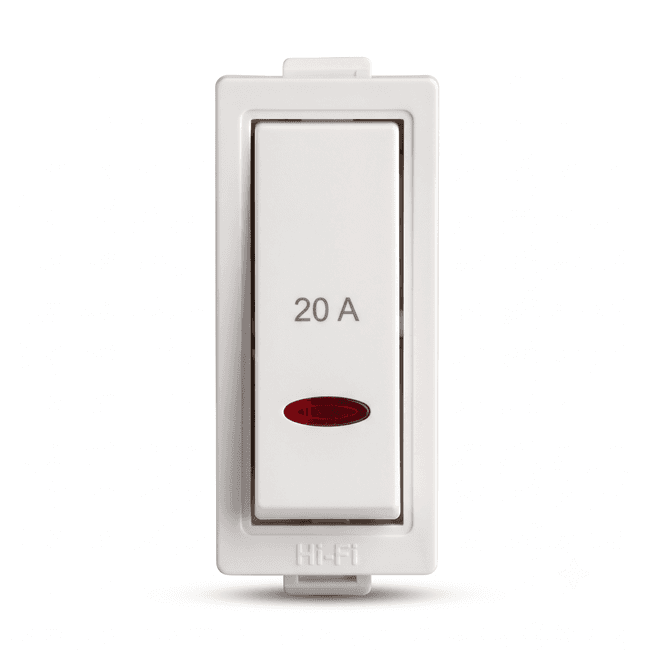 Hi-Fi E-Class Spark Shield 20 A 1 Way Switch with Indicator, White, 3053