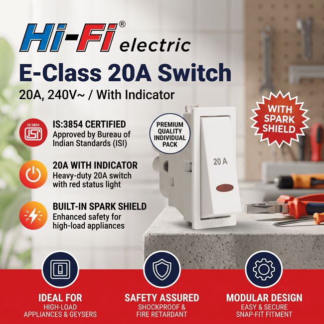 Hi-Fi E-Class Spark Shield 20 A 1 Way Switch with Indicator, White, 3053 - View 3