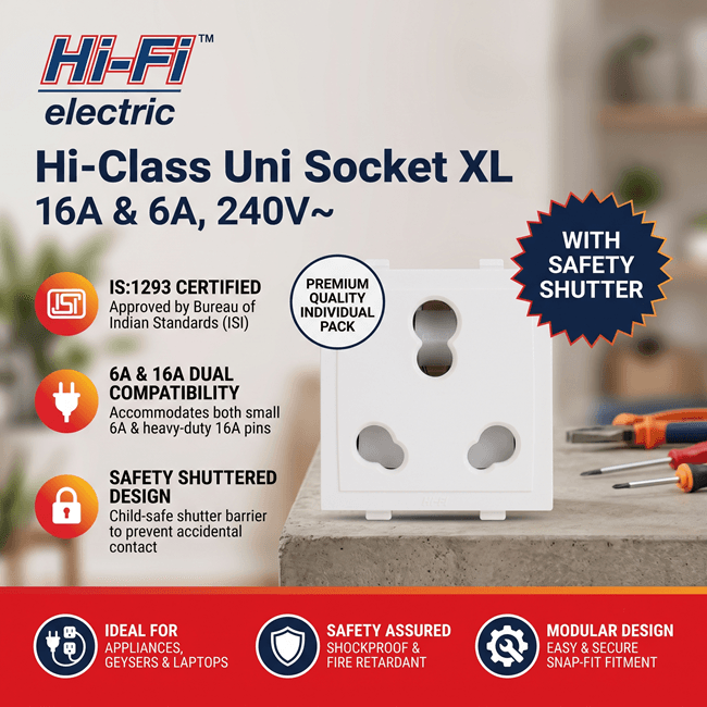 Hi-Fi Hi-Class 16A/6A XL Uni Socket with Safety Shutter, White, 30077 - View 2