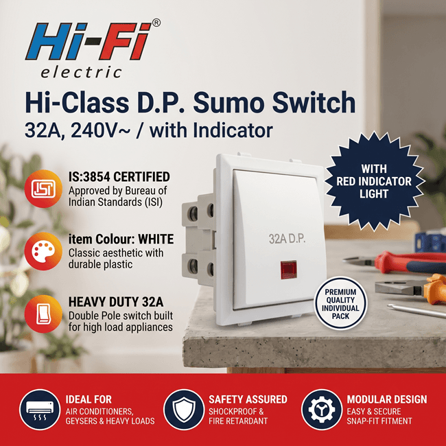 Hi-Fi Hi-Class 32A DP Sumo Switch with Indicator, White, 30016 - View 3