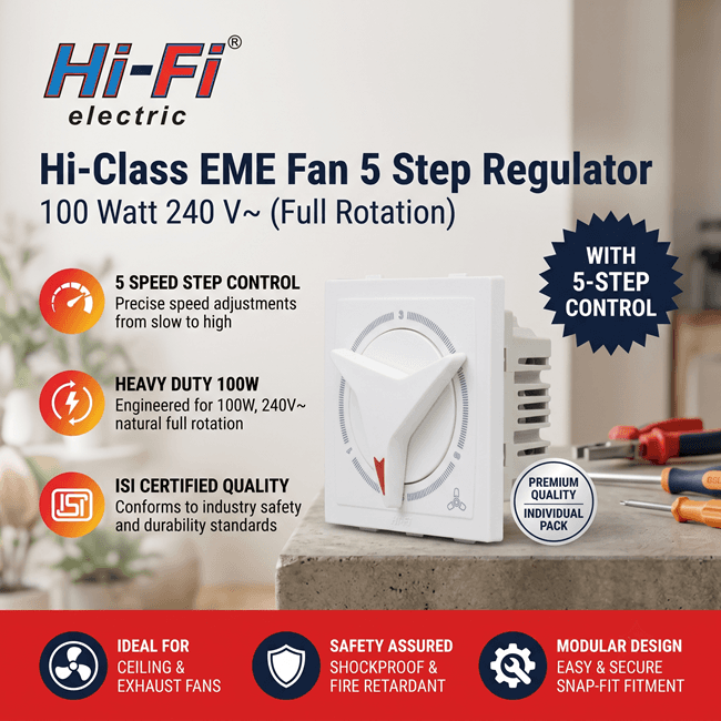 Hi-Fi Hi-Class EME 100W 5 Step Star Fan Regulator with Indicatior, White, 30032 - View 3
