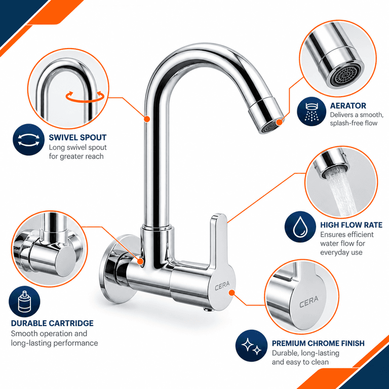 Cera Victor Sink Cock with Long Swivel Spout & Wall Flange - View 4