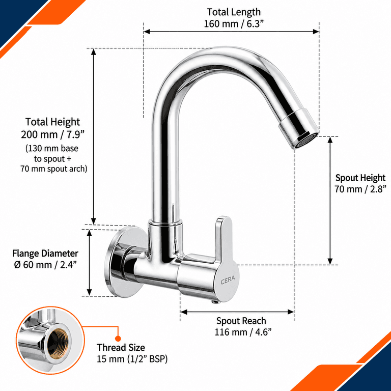 Cera Victor Sink Cock with Long Swivel Spout & Wall Flange - View 2