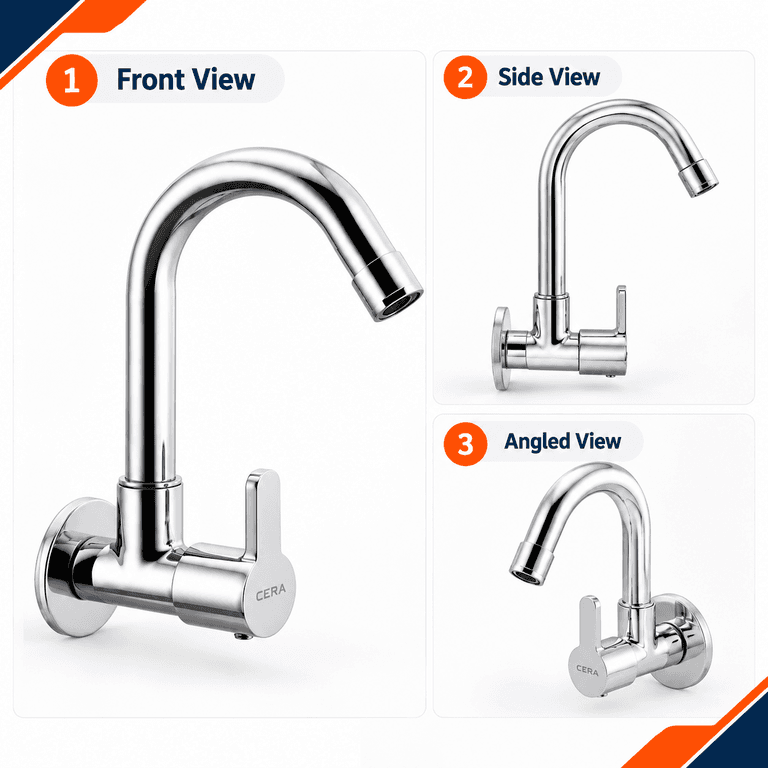 Cera Victor Sink Cock with Long Swivel Spout & Wall Flange - View 3