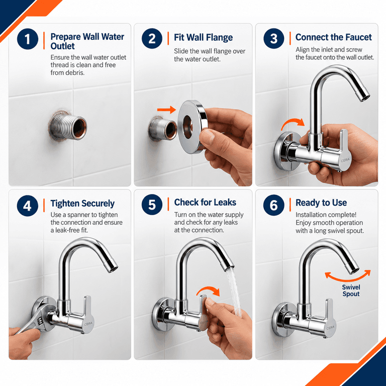 Cera Victor Sink Cock with Long Swivel Spout & Wall Flange - View 5