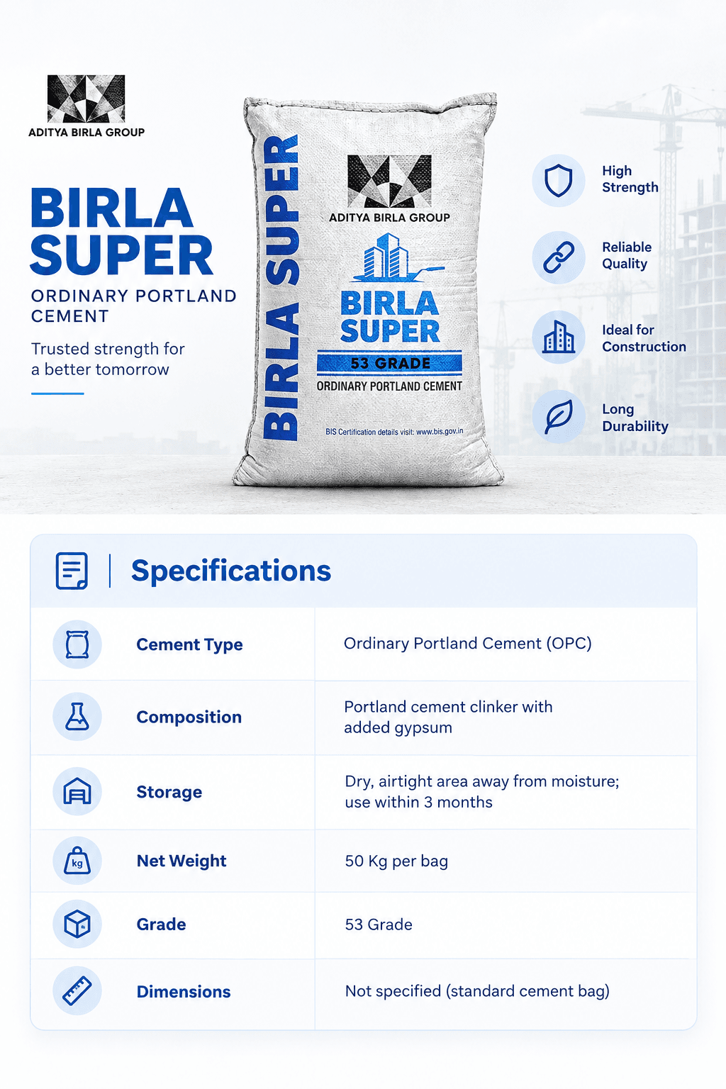 Birla Super OPC 53 Grade Cement Bag, 50 Kg - View 4